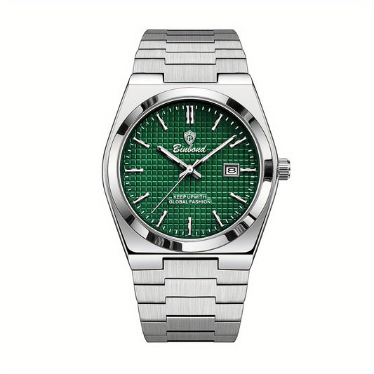 BINBOND Men's Elegant Quartz Watch, Blue/Green Checkered Dial, Glow-in-the-Dark Hands, Durable Steel Band, Waterproof, Date Display, Casual Style, Perfect for Daily Wear and Gift