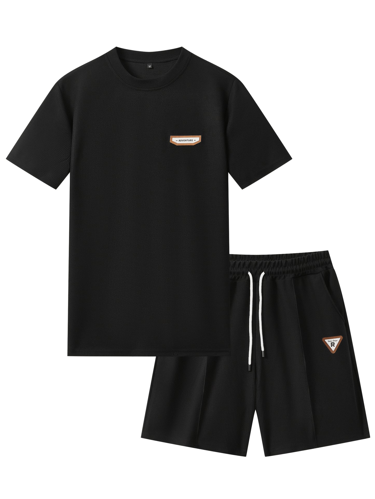 Men's Waffle Round Neck Top with Label, Short Sleeve T-shirt and Drawstring Shorts for Clean and Comfortable Spring/Summer Wear