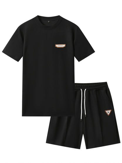 Men's Waffle Round Neck Top with Label, Short Sleeve T-shirt and Drawstring Shorts for Clean and Comfortable Spring/Summer Wear