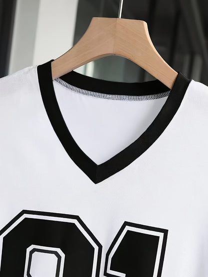 Women's Summer Casual V-Neck Short Sleeve T-Shirt with Bold '91' Digital Print - White & Black Contrast, Breathable Machine-Washable Fabric for Spring/Summer Outfits, Shirts for Summer, Everyday Comfort Tee, Edgy Contrast Des