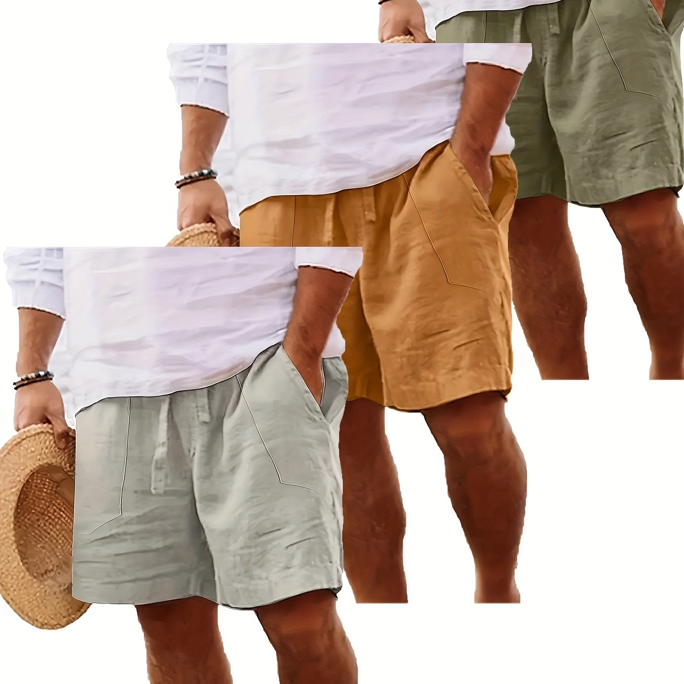 Men's Summer Cotton Drawstring Elastic Waist Straight-Leg Solid Color Breathable Casual Beach Shorts - 3pcs