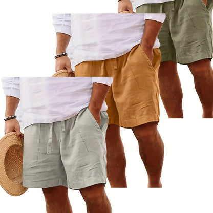 Men's Summer Cotton Drawstring Elastic Waist Straight-Leg Solid Color Breathable Casual Beach Shorts - 3pcs