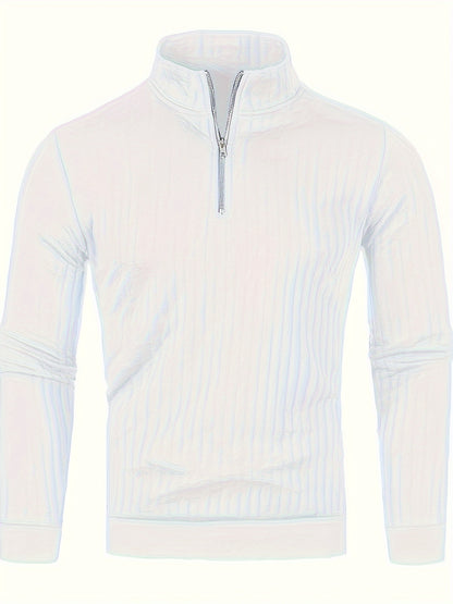 Men'S Casual Polyester Sweater, Solid Color, High Neck Quarter Zip, Long-Sleeved Pullover, Regular Fit, 100% Polyester Knit Fabric, 230g/m² - Fall/Winter Essential