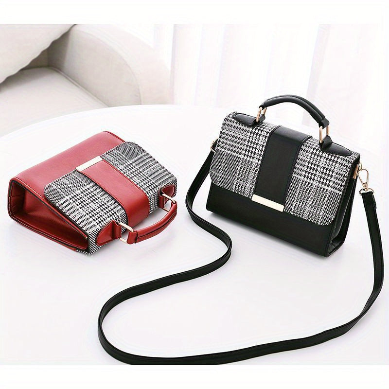 Trendy Plaid Pattern Handbags, Snap Button Crossbody Bag, Women's Top Handle Flap Purses For Everyday