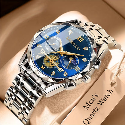 1pc Men'S Stainless Steel Quartz Watch with IPX7, Luminous Display, Rhinestone Accents, Scratch-Resistant Dial, Date Window & Chronograph Function - Stylish Casual Timepiece for Casual Attire, Everyday Timepiece | Luminous Wa