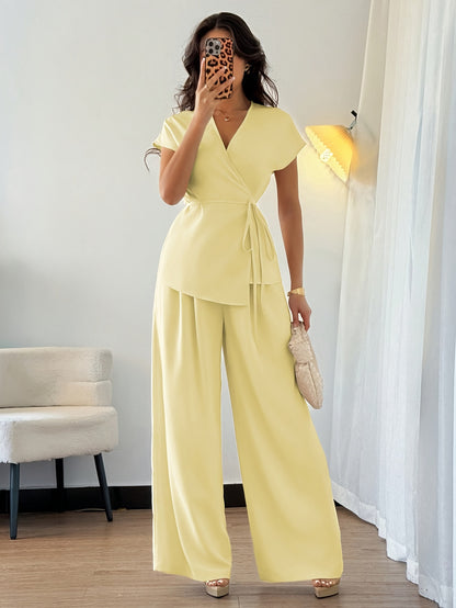 Stylish Women's Elegant Comfortable Solid Color Top and Loose Wide-Leg Pants Two-Piece Set, Suitable for Outings, Dates, Vacation