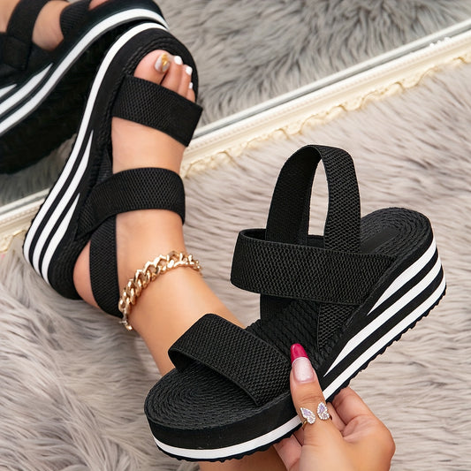 Women's Summer Wedge Sandals | Black Fabric with White Stripes | Elastic Ankle Strap & Open Toe Design | Comfortable EVA Sole | Casual Beach Footwear for All-Day Wear, Ladies Sandals