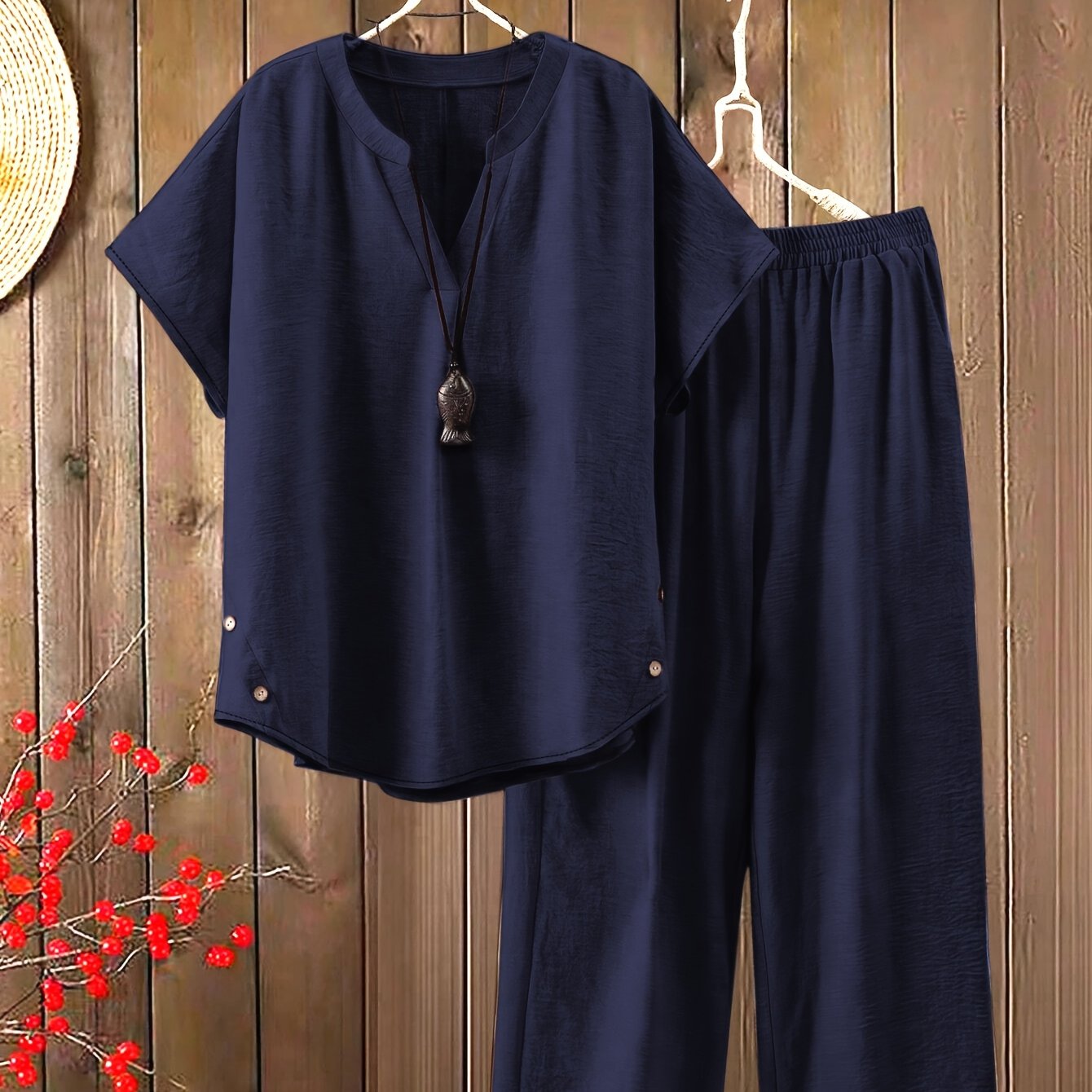 Women'S Solid Color V-Neck Short Sleeve Shirt with Elastic Waist Wide-Leg Pants Two-Piece Set