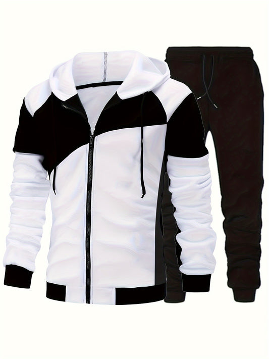 Men's Autumn Color-Blocked Zip-Up Hoodie with Side Pockets And Solid Color Drawstring Long Pants Set.