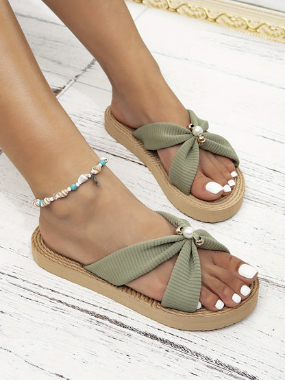 Women'S Beige Jewel Embroidery Flat Sandals - Lightweight, Comfortable Slip-On Beach Shoes with EVA Sole and Fabric Upper, Open Toe Design, Perfect for Summer, Beach Footwear|Decorative Sandals|Eva Sole Sandals