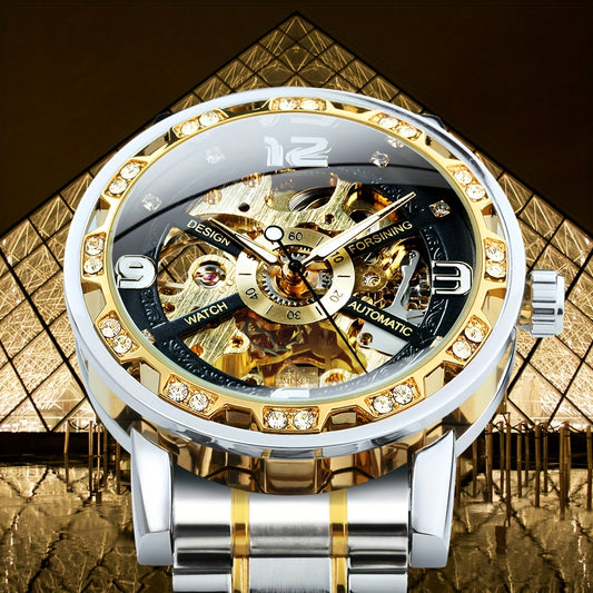 1pc Vintage Iced Out Skeleton Mechanical Watch for Men - Luminous Hands, Stainless Steel Strap, Fashion Business Watch, Top Brand Luxury Wristwatch with Box, Waterproof 30m, Casual Style, Mechanical (not Self-winding), No Bat