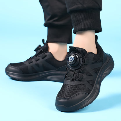 [Backtoschool Essential] Youngsters' Breathable Mesh Running Shoes with Rotating Buckle - Lightweight, All-Season Sneakers for Boys & Girls, Black, Casual & Sporty Design for School, Outdoor Activities & Casual Attire, Casual