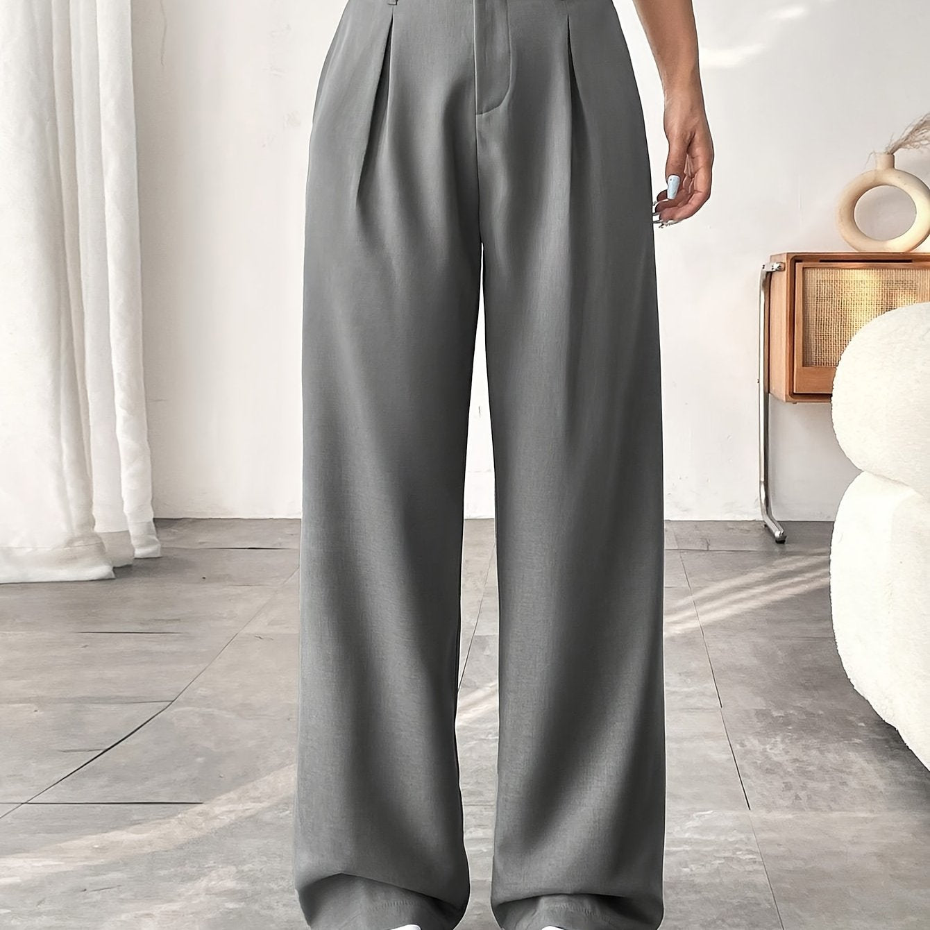 Women's Casual Wide-Leg Pants with High Waist and Slight Flare - Solid Color, Polyester, Machine Washable