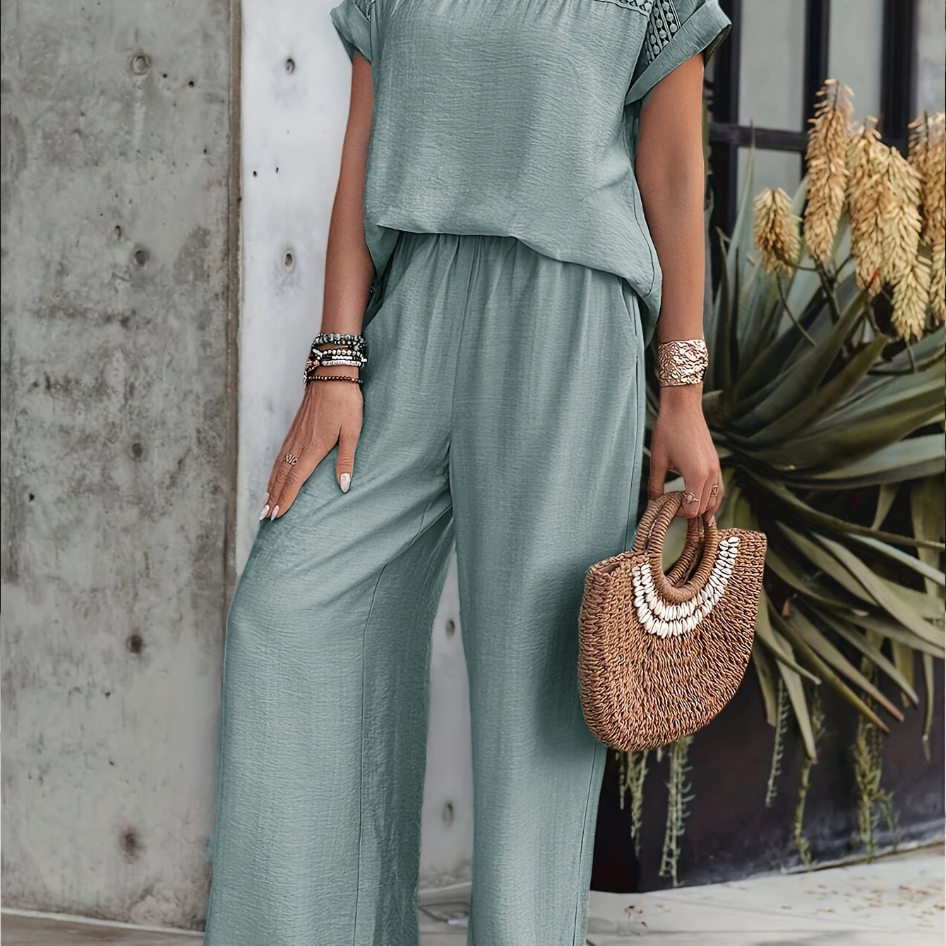[Elegant Set + Short Sleeve Top and Pants]