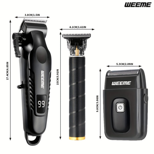 WEEME Men'S Grooming Three-Piece Set Multifunctional Electric Clipper Trimmer with Alloy Stainless Steel Blade Three-Speed Adjustment USB Fast Charging LCD Power Display Ultra-Long Battery Life Essential for Home Travel Car B