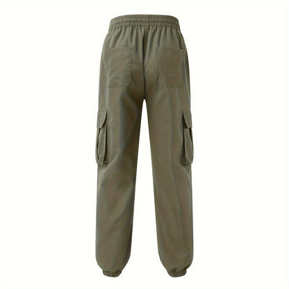 Men'S Fashion Cargo Pants, 100% Polyester Woven Fabric, All-Season Loose Fit with Drawstring Waist, Multi-Pocket Design, Solid Color, Mid Waist, Regular Length, Non-Stretch, Casual Joggers for Weekend - 160g/m²