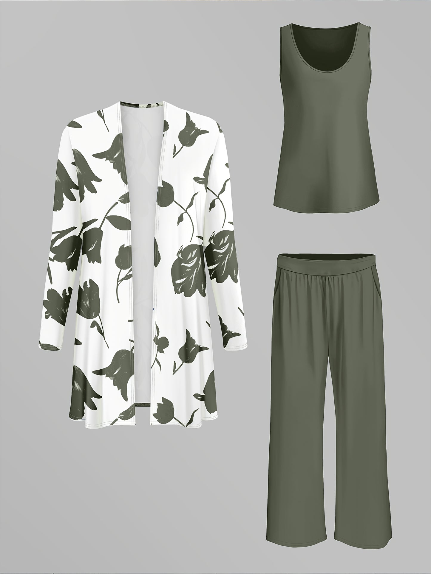 Women'S 3pcs Set, Floral Print Cardigan with Solid Color Cami and Wide-Leg Pants Casual Outfit