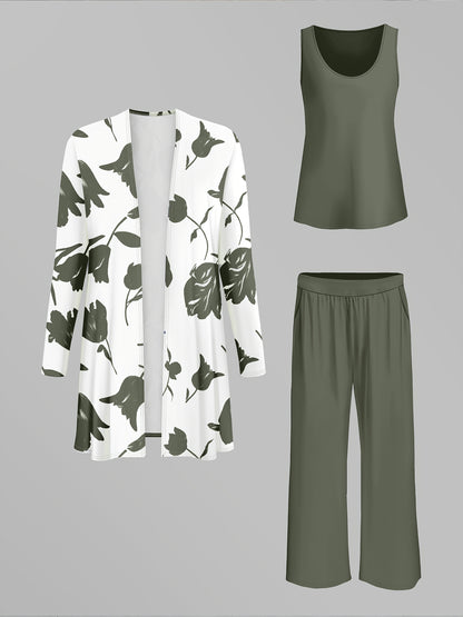 Women'S 3pcs Set, Floral Print Cardigan with Solid Color Cami and Wide-Leg Pants Casual Outfit