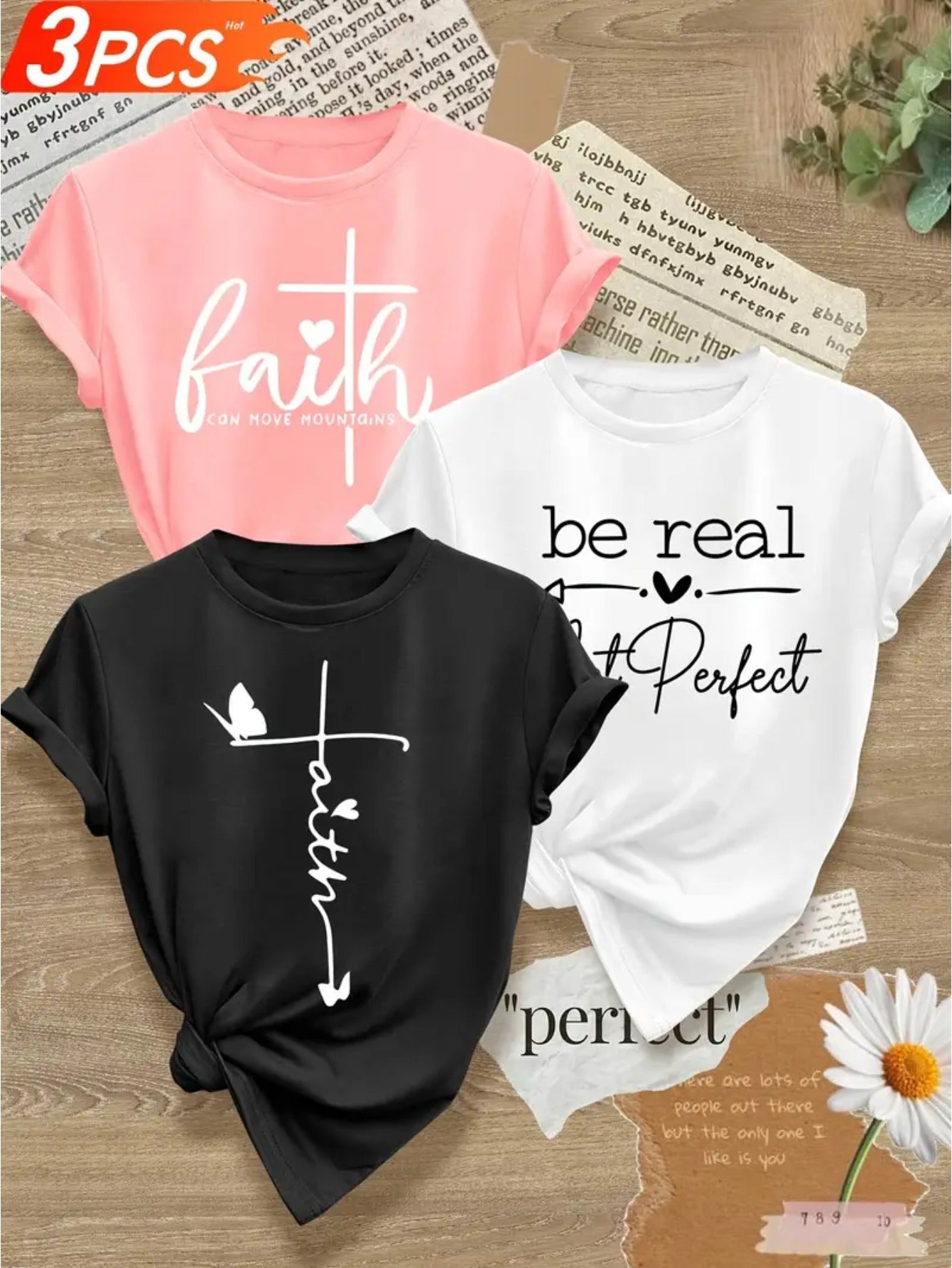 Creative Design Sense Element Printed T Shirt 3pcs Set, Summer and Spring Short Sleeve Round Neck Casual Tops Multi Sets, Women's