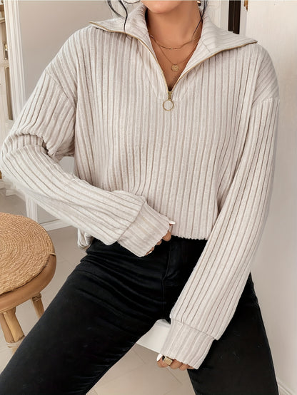 [Everyday Elegance] Women's Elegant Ribbed Knit Collared T-Shirt - Black, Long Sleeve, Zip-Up Design, Soft Polyester Blend, Machine Washable, Perfect for Spring & Fall, Ladies T Shirts