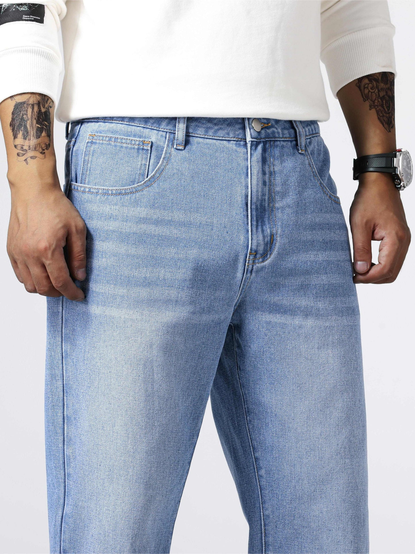 Men'S Loose Fit Straight Leg Jeans, Cotton 85% Polyester 15% Denim, Washed Solid Color Casual Style