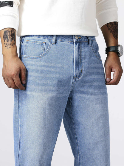 Men'S Loose Fit Straight Leg Jeans, Cotton 85% Polyester 15% Denim, Washed Solid Color Casual Style