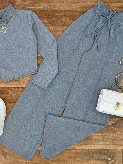 2 Pcs Solid Color Top & Pants Outfit, Long Sleeve Mock Neck Crop Slim Top & Drawstring High Waist Straight Leg Pants, Women's Clothing