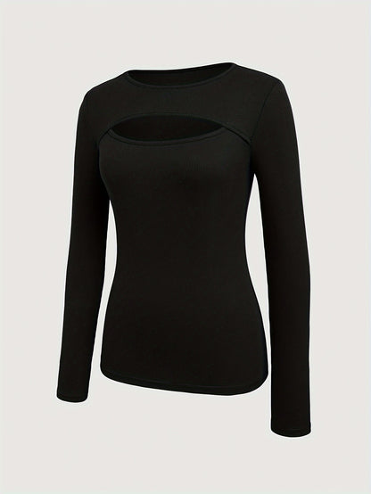 1pc Essence Women'S Elegant Ribbed Long Sleeve T-Shirt, Polyester and Spandex Blend, Hollow-Out Detail, Solid Color, Crew Neck, Regular Length, Knitted Fabric - Autumn/Winter Collection