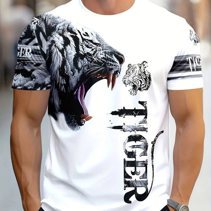 Men'S & Women'S "Tiger" Graphic T-Shirt - Casual, Stylish 3D Print Animal Design, White, Short Sleeve, Polyester Knit, Regular Fit, Streetwear Tee|Bold Animal Print|Stretchy Fabric