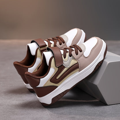 Boys' Stylish Low-Top Sneakers - Lightweight, Breathable Faux Cover with Striped Design, Hook-and-loop Fastener Strap, Perfect for Casual Running & Sports - Brown & White, Running Shoes