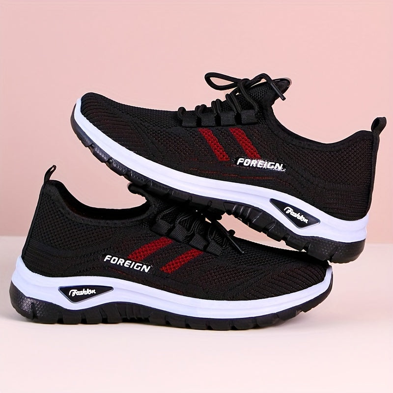 Women's Lightweight Breathable Knit Running Sneakers - Casual Sneakers with Lace-Up Closure, Dual-Layer PVC Sole for Easy Wear & Comfort, Black & Red Striped Design, Perfect for Outdoor Activities, Walking, and Daily Commute,