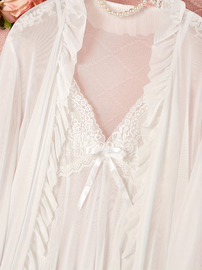 Sexy Mesh Semi-Sheer Strap+Cute Ruffle Long Sleeve Lightweight Mesh Outerwear Pajama Set