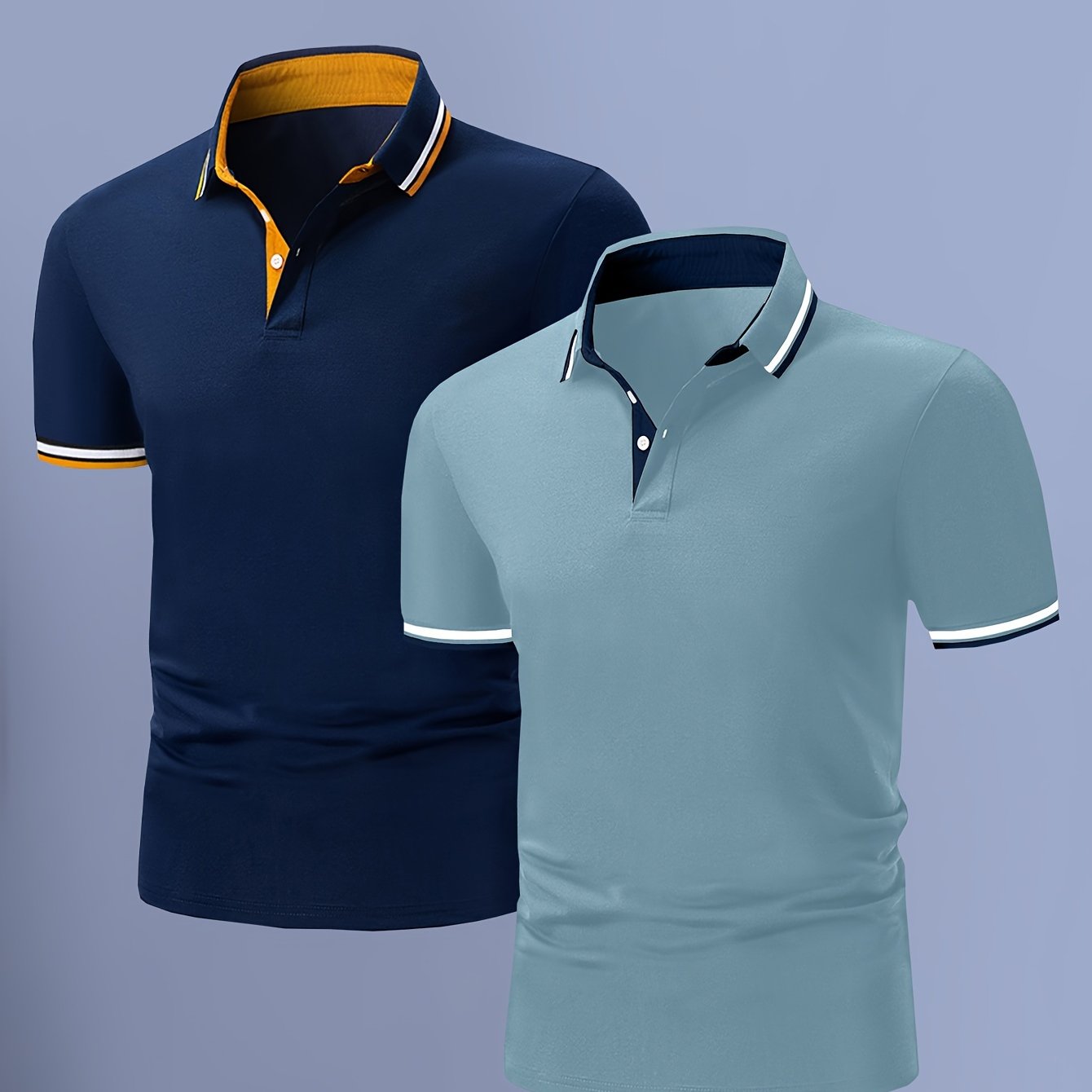 2pcs Men's Short-Sleeve Shirts with Contrast Collars - Lightweight Polyester, Pastel Blue & Pink, Turn- Collar, Button Closure, Regular Fit, Casual & Business-Casual Wear, Ideal for Summer or Gifting, Short Sleeve Tops