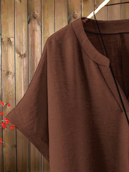 Women'S Solid Color V-Neck Short Sleeve Shirt with Elastic Waist Wide-Leg Pants Two-Piece Set