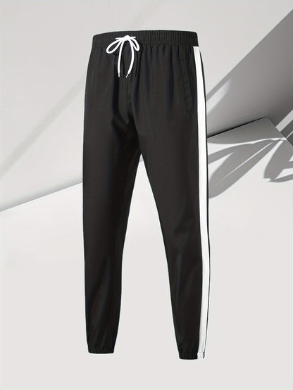 Men's Casual 2-Piece Outfit, Stylish Color Block Zip Up Hooded Jacket, Breathable Solid Color Drawstring Pants
