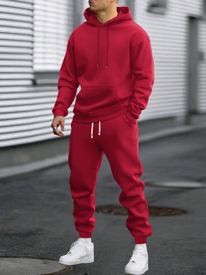1set Men'S Casual Sports Suit, Polyester Hooded Sweatshirt and Jogger Pants Set, Solid Color, Elastic Waist, Cuffed Ankles, Knit Pullover with Pockets, Regular Fit for Outdoor Running and Jogging - Spring/Autumn Collection