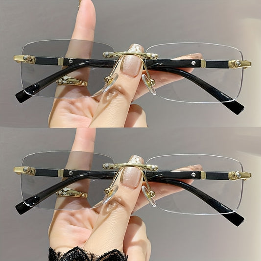 2pcs, Vintage Rimless Photochromic Square Frame Glasses for Man and Woman, Minimalist Design, Y2K-Inspired, Ultra-Light Fashion Eyewear, Color Changing PC Lenses, Perfect for Fishing, Camping, Travel & Parties, Gifts for Fami