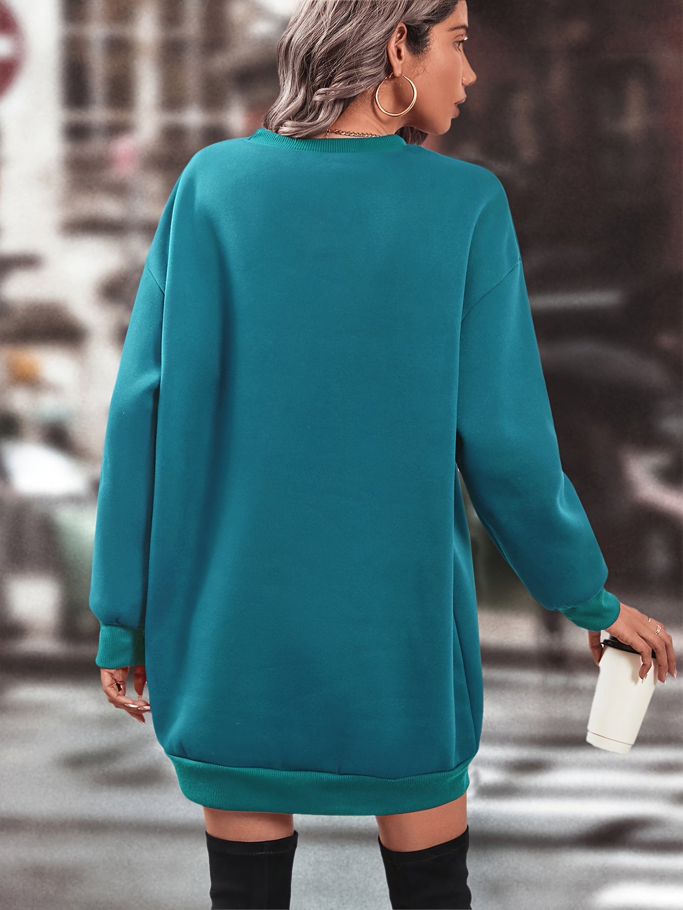 Elegant Women'S Fleece-Lined Sweatshirt Dress - Polyester Knit Fabric, Solid Color, Crew Neck, All-Season Loose Long Sleeve Casual Wear