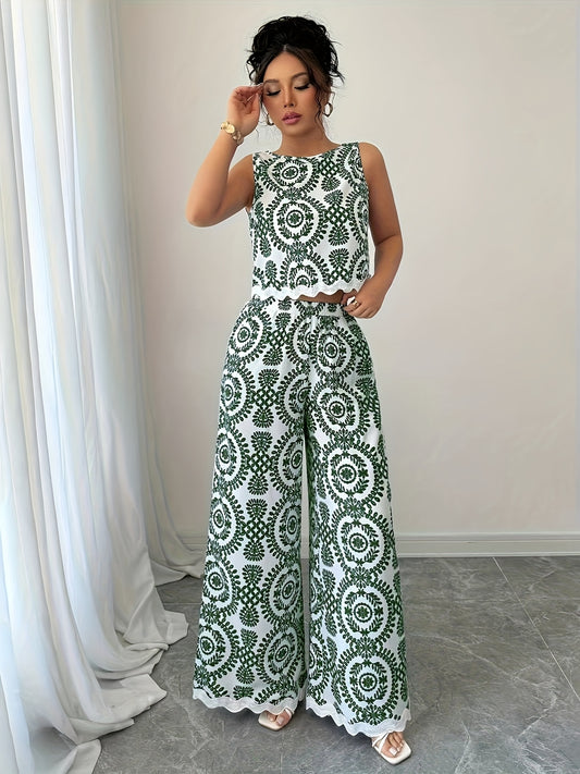 2pcs Women's Plant Pattern Round Neck Sleeveless Top and Pants Set