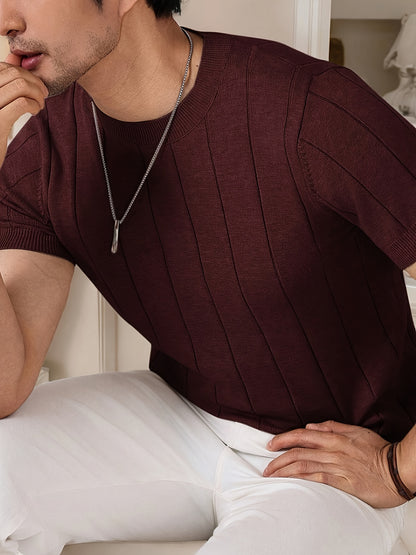 Men's Slim Fit Striped Textured Knit Crew Neck T-Shirt - High Elasticity Short Sleeve Casual Top for Spring/Autumn, Breathable Daily Leisurewear, Spring Fashion, Classic Style, Durable Construction, Pullover Shirt, Stylish Me