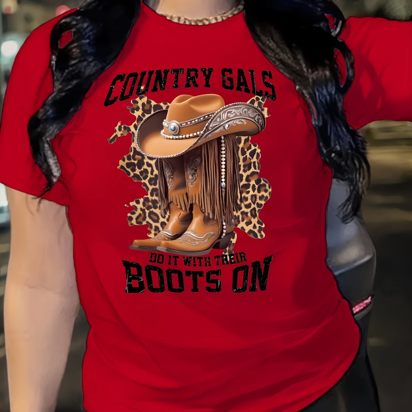 Women's Casual Short Sleeve T-Shirt with Cartoon Cowboy Boots & Leopard Print Graphic, "Country Gals Do It with Their Boots On" Slogan, Vibrant Orange Round Neck Tee, Machine Washable Regular Fit, Allseason Top, Semitranspare