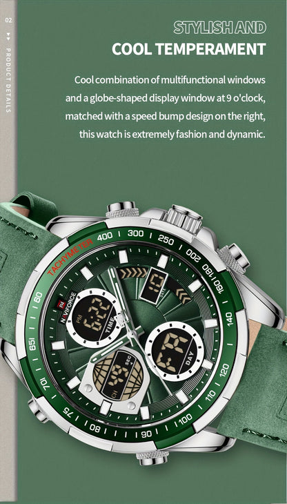 NAVIFORCE Men's Luxury Sports Quartz Watch - Waterproof, Genuine Leather Strap, Dual Display with Date & Chronograph Functions, Case, Green Accents, Luxury Timepiece|Tachymeter Equipped|Genuine Leather Band Valentine's Day