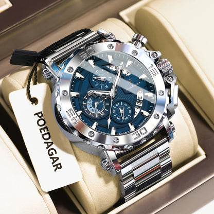 POEDAGAR Men'S Luxury Stainless Steel Business Watch with Date Display, 3ATM Blue Dial, Rotating Bezel, Alloy Case, Quartz Movement - Elegant Formal Accessory, Formal Accessory|Luxurious Watch|Quartz Movement Watch