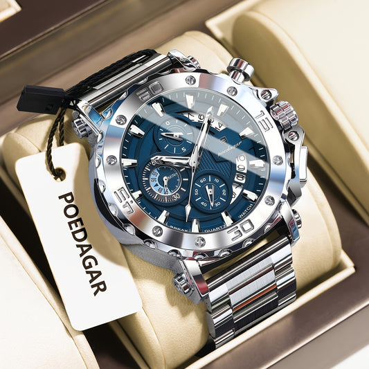 POEDAGAR Men'S Luxury Stainless Steel Business Watch with Date Display, 3ATM Blue Dial, Rotating Bezel, Alloy Case, Quartz Movement - Elegant Formal Accessory, Formal Accessory|Luxurious Watch|Quartz Movement Watch
