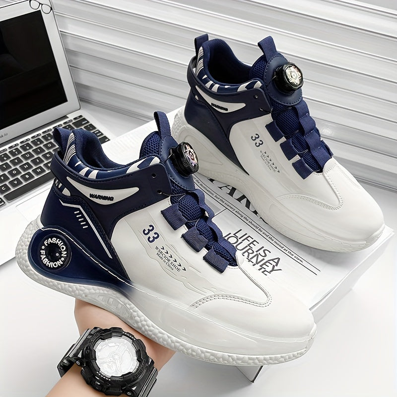[Athletic Performance] Men's Breathable Casual Sneakers - Stylish Loafers with Rotating Buckle, Navy Blue & White Design, Comfortable PU Upper & PVC Sole for Casual Attire, Running, and Outdoor Activities