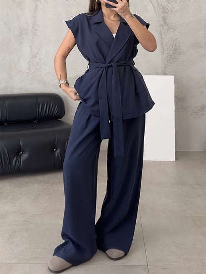 Women's Solid Color Casual Elegant Sleeveless Top and Wide-Leg Pants 2pcs Set