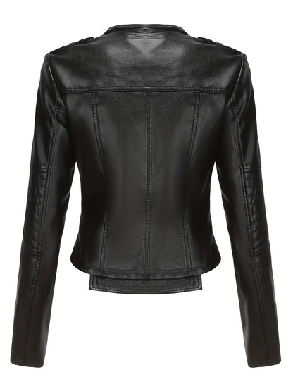 Women'S Casual Faux Leather Jacket, Solid Color, Long Sleeve, Regular Length, Fall/Winter, Zipper Placket, Woven, Non-Stretch Fabric, 100% Polyurethane, Lapel Collar, Dipped Hem Detail