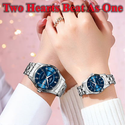 2pcs BNDBONY Brand Men And Women Couples Quartz Watch Stainless Steel Strap Scratch-Resistant Wear Luminous Pointer Digital Simple Hd Disc IPX7 Waterproof Fashion Multifunctional Couples Watch Holiday Couples Lover Birthday G