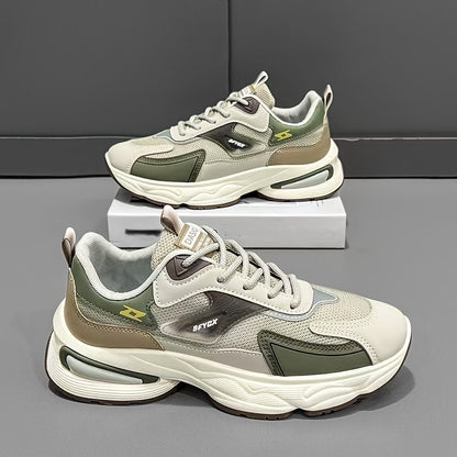 Men'S Casual Sports Shoes - Thick-Soled Lace-Up Sneakers with Synthetic Upper, Cushioned EVA Insole & PVC Sole for Outdoor Hiking, Running, Gym - All-Season Comfort in Beige/Black, Brown/White, Green/White, Versatile Trainers