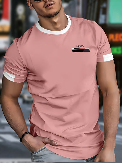 Men'S Paris Graphic T-Shirt - Green Polyester Crew Neck Tee with White Stripes & Print - Casual Sporty Knit Top for Casual Attire, Breathable Fabric